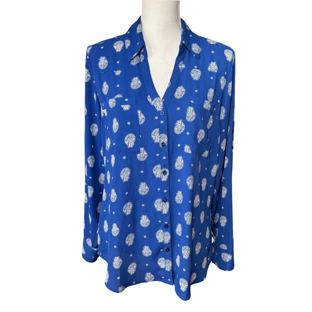 Express Portofino Shirt Women's Large Blue Paisley Button Up Blouse Long Sleeve - Picture 1 of 11